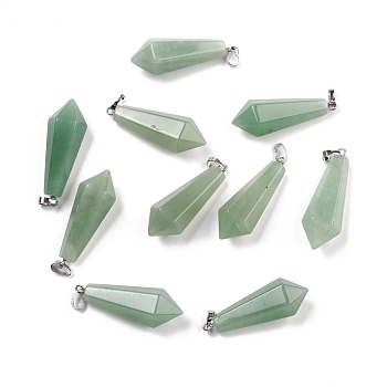 Natural Green Aventurine Pointed Pendants, with Platinum Plated Brass Loops, Bullet, 35.3~38x13~14mm, Hole: 6.5x2.8mm