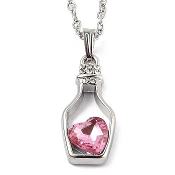 Alloy Resin Pendant Necklaces, with Cable Chains, Bottle with Heart, Platinum, Pink, 16.73 inch(42.5cm)