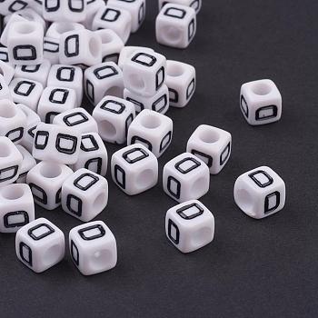 Acrylic Horizontal Hole Letter Beads, Cube, White, Letter D, Size: about 6mm wide, 6mm long, 6mm high, hole: about 3.2mm, about 2600pcs/500g