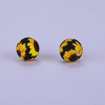 Printed Round Silicone Focal Beads, Black, 15x15mm, Hole: 2mm