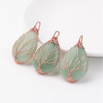 Natural Green Aventurine Pendants, teardrop, with Rose Gold Tone Brass Findings, 48~55x30~32x10~12mm, Hole: 4~7x8~12mm