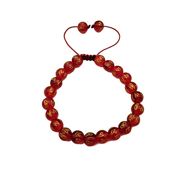 Dyed Natural Quartz Crystal Round Braided Bead Bracelet, Om Mani Padme Hum Adjustable Bracelet, Red