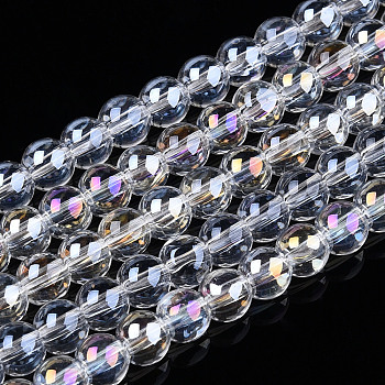 Electroplate Transparent Glass Beads Strands, AB Color Plated, Round, Clear AB, 4~4.5mm, Hole: 0.8mm, about 97~99pcs/strand, 14.76 inch~14.96 inch(37.5~38cm)