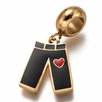 304 Stainless Steel Enamel European Dangle Charms, Large Hole Pendants, Trousers with Red Heart, Golden, Black, 23mm, Hole: 4.5mm, Pendants: 14.5x12.5x1.5mm