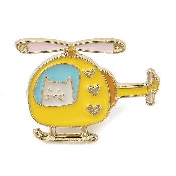 Cat with Airplate Enamel Pins, Alloy Brooches for Backpack Clothes, Gold, 22x30.5mm