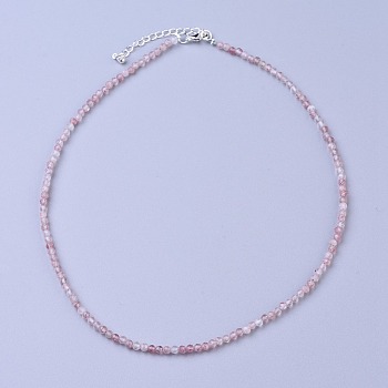 Natural Strawberry Quartz Beaded Necklaces, with Brass Lobster Claw Clasps, Faceted Round Beads, 16.5 inch~16.7 inch(42~42.5cm)x2mm