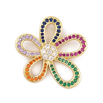 Brass Micro Pave Cubic Zirconia Pendants, Real 18K Gold Plated Flower Charms, Colorful, 30x30x6mm, Hole: 4.5x2.5mm