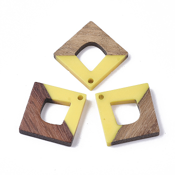 Resin & Wood Pendants, Rhombus, Yellow, 27x27x4mm, Hole: 2mm