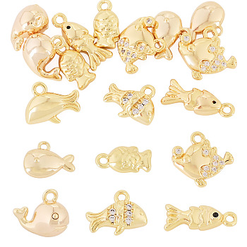 12Pcs 6 Styles Brass Pendants, Fish Charms, Golden, 7~14x5.5~12x3.5~6mm, Hole: 1~1.4mm, 2pcs/style 