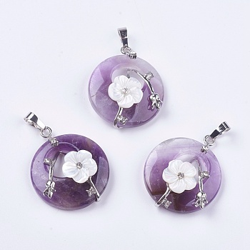 Natural Amethyst Pendants, with Shell, Rhinestone and Platinum Tone Brass Findings, Flat Round with Flower, 35.5~36x28x8mm, Hole: 5x8mm