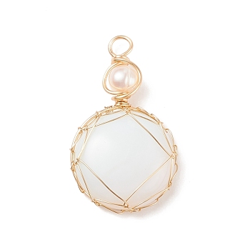 Opalite Pendants, with Golden Tone Copper Wire Wrapped and Natural Cultured Freshwater Pearl, Oval, 34x21x8mm, Hole: 3.7mm
