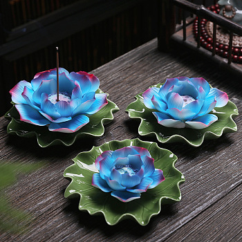 Porcelain Incense Burners, Lotus Incense Holders, Home Office Teahouse Zen Buddhist Supplies, Deep Sky Blue, 75x30mm