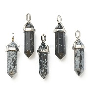 Natural Snowflake Obsidian Pendants, with Platinum Tone Brass Findings, Bullet, 39.5x12x11.5mm, Hole: 4.5x2.8mm(G-M378-01P-A09)