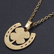 201 Stainless Steel Pendants Necklaces, with Cable Chains and Lobster Claw Clasps, Clover, Golden, 17.71 inch(45cm), 1.5mm(NJEW-S105-JN716-45-2)