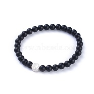Feng Shui Natural Black Agate(Dyed) Beaded Stretch Bracelets, with 925 Sterling Silver Beads and Jewelry Box, Flat Round with Yin Yang, 2-1/8 inch(55mm)(BJEW-JB05021-03)