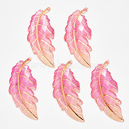 Transparent Acrylic Big Pendants, with Plated Bottom, Leaf, Pink, 61.5x27x4mm, Hole: 1.2mm(X-TACR-R140-03D)