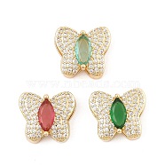 Brass Micro Pave Cubic Zirconia Slide Charms, Long-Lasting Plated, Butterfly, Golden, 13x13.5x7mm, Hole: 2x10mm and 6x1.5mm(ZIRC-I068-16G)