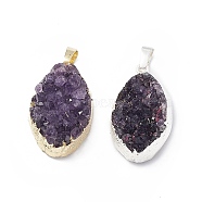 Natural Amethyst Druzy Pendants, with Rack Plating Brass Findings, Cadmium Free & Lead Free, Oval Links, Mixed Color, 27~31x16~18x11~13mm, Hole: 8x5mm(G-C002-05)