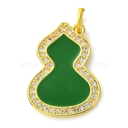 Rack Plating Brass Micro Pave Clear Cubic Zirconia Pendants, with Enamel, Long-Lasting Plated, Lead Free & Cadmium Free, Real 18K Gold Plated, Gourd, with Jump Ring, Green, 19x14.5x1.5mm, Hole: 3mm(KK-G501-14G-03)