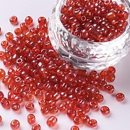 Glass Seed Beads, Trans. Colours Lustered, Round, Red, 4mm, Hole: 1.5mm, about 500pcs/50g, 50g/bag, 18bags/2pounds(SEED-US0003-4mm-105)