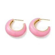 Rack Plating Brass Round Stud Earrings with Enamel, Half Hoop Earrings for Women, Real 18K Gold Plated, Lead Free & Cadmium Free, Flamingo, 26x26x8mm(EJEW-D059-12G-02)