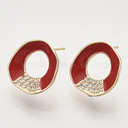 Brass Micro Pave Cubic Zirconia Stud Earring Findings, Enamel and Loop, Nickel Free, Real 18K Gold Plated, Ring, Red, 15x14.5mm, Hole: 1mm, Pin: 0.7mm(KK-T054-36G-02-NF)