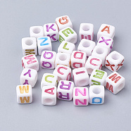Acrylic Beads, Horizontal Hole, Cube with Mixed Color Letter, Letter, 6x6x6mm, Hole: 3mm, about 2600pcs/500g(MACR-T009-12)