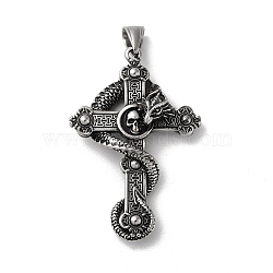 304 Stainless Steel Big Pendants, Cross with Dragon & Skull Charms, Antique Silver, 55x36x12mm, Hole: 9x5mm.(STAS-L223-10AS)