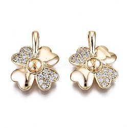 Brass Micro Pave Clear Cubic Zirconia Pendants, for Half Drilled Bead, Nickel Free, Clover, Real 18K Gold Plated, 17x13x5mm, Hole: 2x3mm, Pin: 0.7mm(for half drilled beads)(KK-T056-48G-NF)