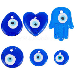 12Pcs 6 Style Handmade Lampwork Evil Eye Pendants, Hamsa Hand/Hand of Miriam & Flat Round & Heart, Blue, 20~50x20~36x4~7.5mm, Hole: 2.8~4.8mm, 2pcs/style(LAMP-SC0001-18)
