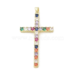 Real 18K Gold Plated Brass with Glass Pendants, Cross, Colorful, 51x28x4mm, Hole: 3.1x2.8mm(KK-A209-13G-01)