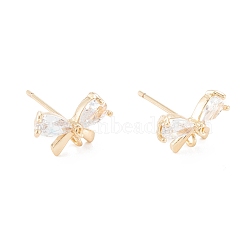 Brass Micro Pave Clear Cubic Zirconia Stud Earring Findings, with 925 Sterling Silver Pin, with Loop, Butterfly, Real 14K Gold Plated, 7x11mm, Hole: 1.2mm, Pin: 0.7mm(KK-D063-15G)