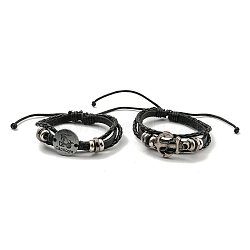 PU Imitation Leather Braided Cord Bracelets, Alloy Links Bracelets, Antique Silver, Inner Diameter: 2-1/4~3-3/4 inch(5.7~9.5cm)(BJEW-P329-01AS)