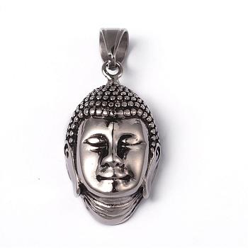 316 Surgical Stainless Steel Pendants, Buddha Head, Antique Silver, 38x22x12mm, Hole: 10x6mm