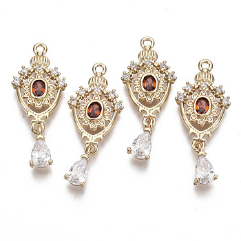 Brass Micro Pave Cubic Zirconia Links, with Glass, Long-Lasting Plated, Teardrop, Light Gold, Red, 28x11.5x3mm, Hole: 1.2mm