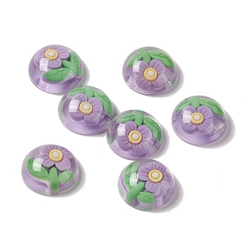 Transparent Flower Resin Cabochons, Half Round, Lilac, Flower Pattern, 24.5x9.5mm