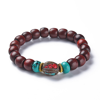 Rondelle Sandalwood Mala Bead Bracelets, with Synthetic Turquoise & Indonesia Beads, Buddhist Jewelry, Stretch Bracelets, Coconut Brown, Inner Diameter: 2-1/8 inch(5.5cm)