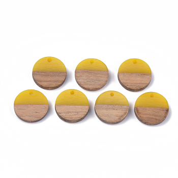 Resin & Walnut Wood Pendants, Flat Round, Gold, 18x3.5mm, Hole: 1.5mm