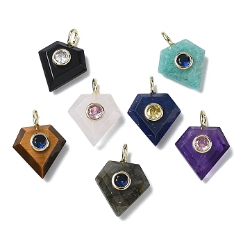 Natural Mixed Stone Faceted Pendants, Diamond Charms with Brass Micro Pave Random Color Cubic Zirconia Findings, Golden, 25x18x8mm, Hole: 4x2mm