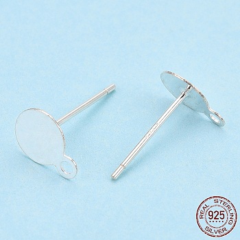 925 Sterling Silver Stud Earring Settings, with Horizontal Loops, Flat Pad, with S925 Stamp, Silver, 8x6mm, Hole: 1.2mm, Pin: 0.7mm