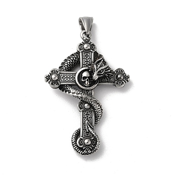 304 Stainless Steel Big Pendants, Cross with Dragon & Skull Charms, Antique Silver, 55x36x12mm, Hole: 9x5mm.