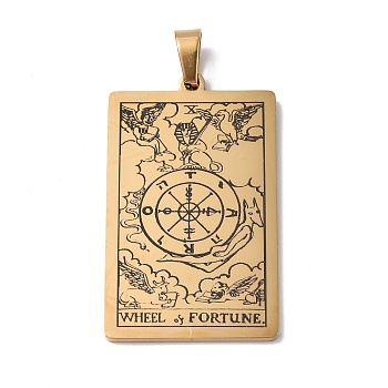 201 Stainless Steel Pendant, Golden, Rectangle with Tarot Pattern, The Wheel of Fortune X, 40x24x1.5mm, Hole: 4x7mm