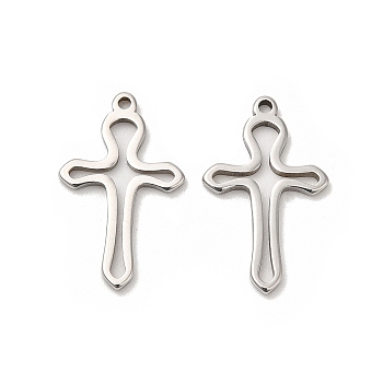 304 Stainless Steel Pendants, Hollow, Cross Charm, Stainless Steel Color, 17x10.5x1mm, Hole: 1mm