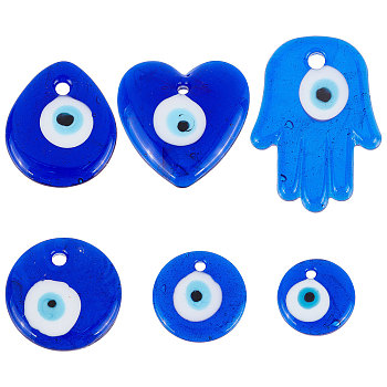12Pcs 6 Style Handmade Lampwork Evil Eye Pendants, Hamsa Hand/Hand of Miriam & Flat Round & Heart, Blue, 20~50x20~36x4~7.5mm, Hole: 2.8~4.8mm, 2pcs/style