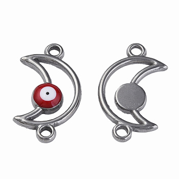 304 Stainless Steel Enamel Connector Charms, Stainless Steel Color, Moon with Evil Eye, Dark Red, 20.5x12x3mm, Hole: 1.8mm