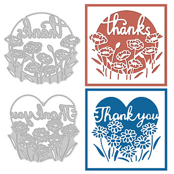 GLOBELAND 2Pcs 2 Styles Carbon Steel Cutting Dies Stencils, for DIY Scrapbooking, Photo Album, Decorative Embossing, Paper Card, Matte Platinum Color, Heart & Flat Round with Word Thank You, Floral Pattern, 8.7~9.2x9.2~9.7x0.08cm, 1pc/style