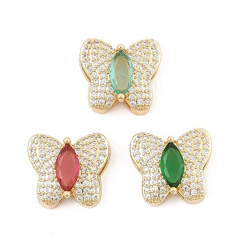 Brass Micro Pave Cubic Zirconia Slide Charms, Long-Lasting Plated, Butterfly, Golden, 13x13.5x7mm, Hole: 2x10mm and 6x1.5mm