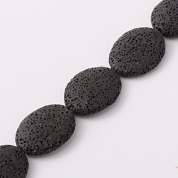 Natural Lava Rock Beads Strands, Dyed, Flat Oval, Black, 32~33x24~25x7.5~9mm, Hole: 2mm, about 12pcs/strand, 16 inch