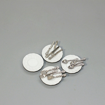 Miniature Ceramic Plate and Alloy Western Tableware, Doll House Miniature Toy Model, Platinum, 23x4mm