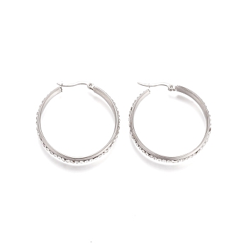 304 Stainless Steel Geometric Hoop Earrings for Women, with Crystal Glass Rhinestone, Ring, Stainless Steel Color, 35.5x6mm, Pin: 1x0.6mm